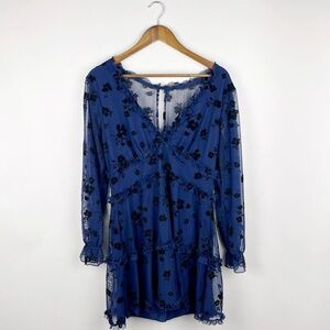 Blue Floral Mesh Sleeve Babydoll Mini Dress Large Boho Cottagecore Going Out